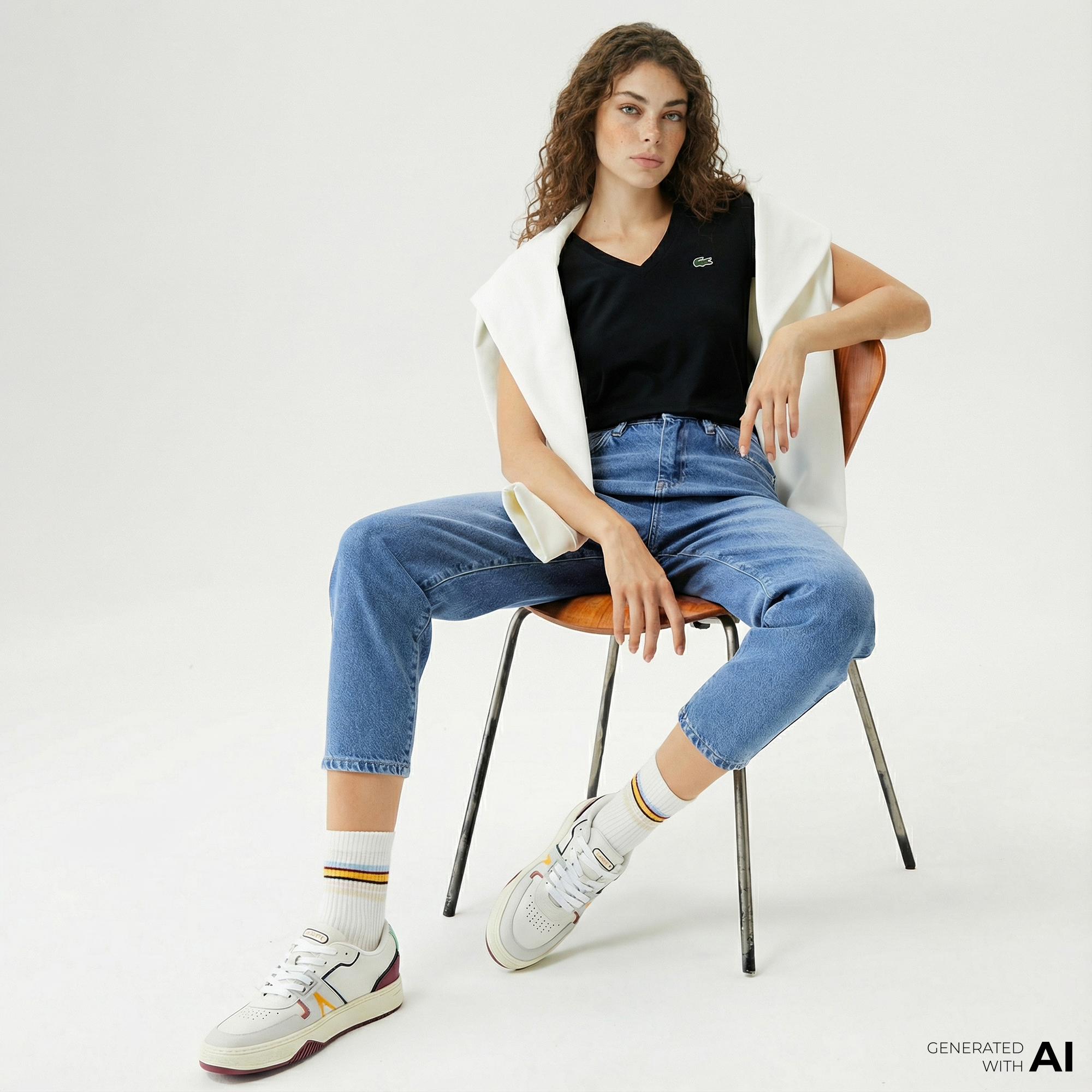  Lacoste Kadın Slim Fit V Yaka Siyah T-Shirt