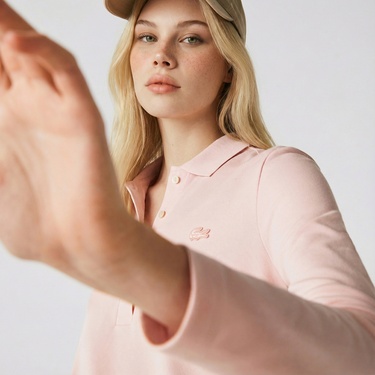  Lacoste Kadın Slim Fit Uzun Kollu Açık Pembe Polo