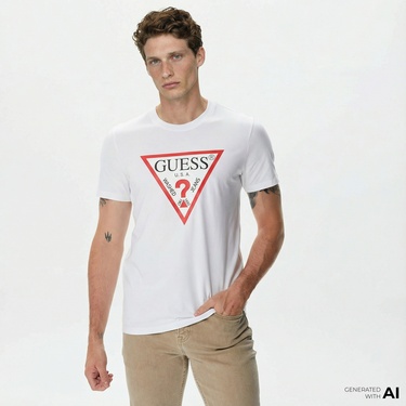  Guess Original Logo Mid Organic Stream Jersey Erkek Beyaz T-Shirt