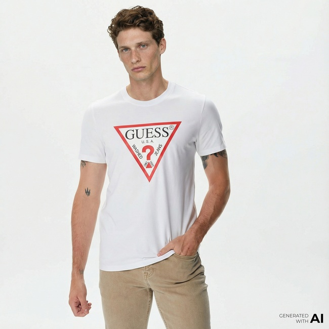  Guess Original Logo Mid Organic Stream Jersey Erkek Beyaz T-Shirt