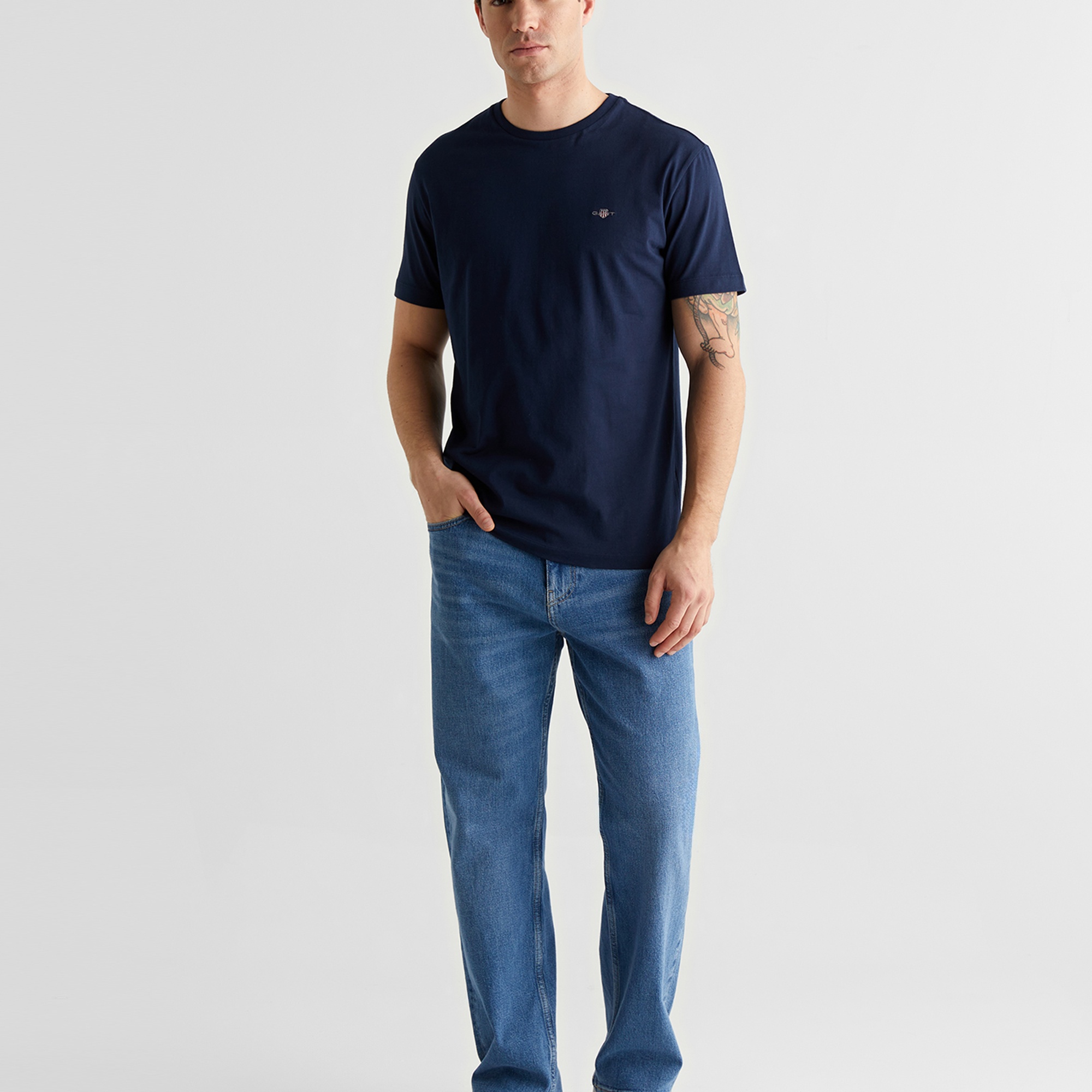 GANT Erkek Mavi Bisiklet Yaka Regular Fit Logolu T-Shirt