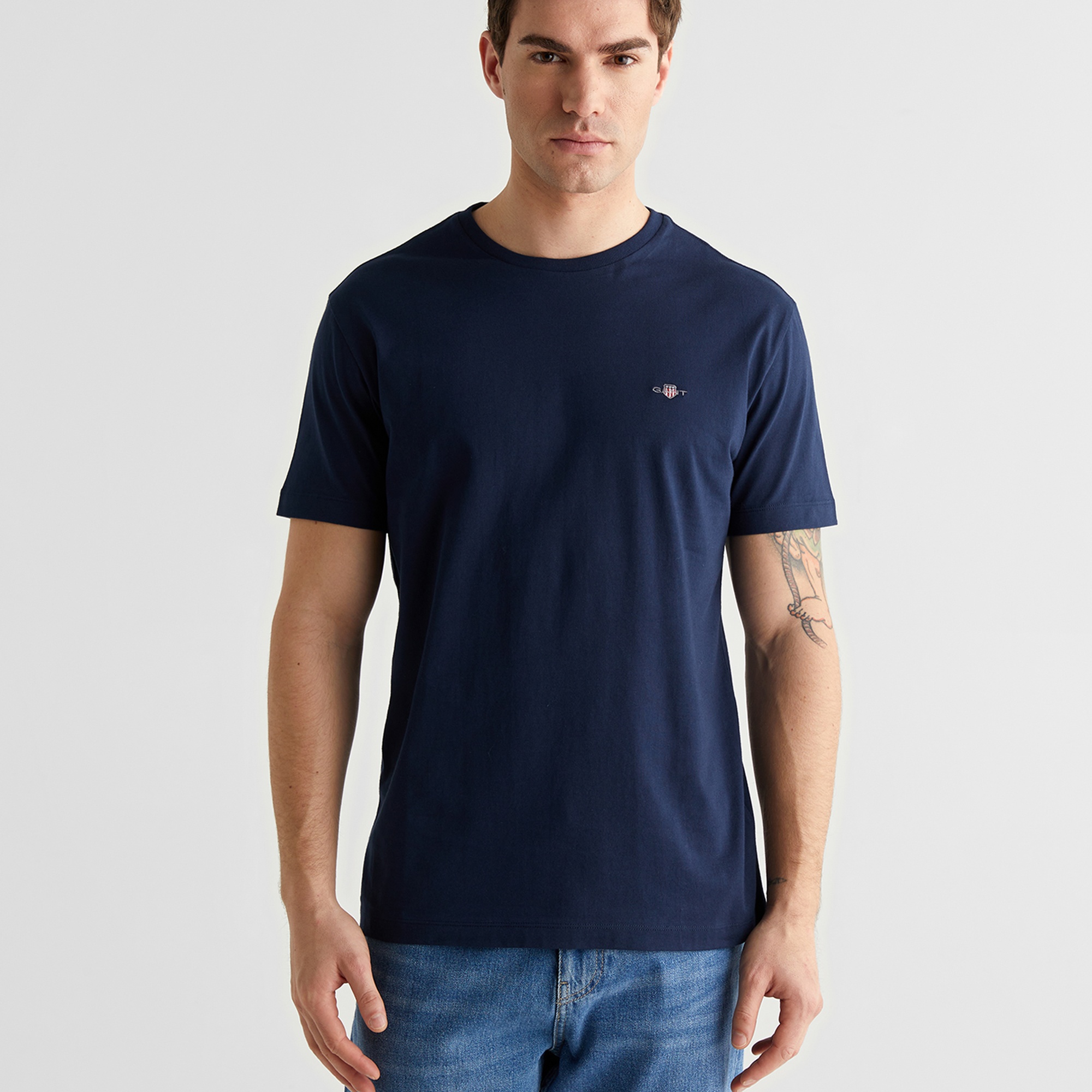 GANT Erkek Mavi Bisiklet Yaka Regular Fit Logolu T-Shirt