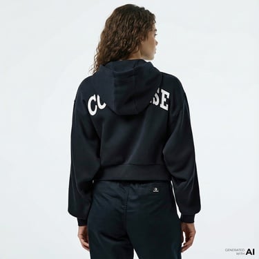  Converse Kadın Baskılı Siyah Fermuarlı Hoodie
