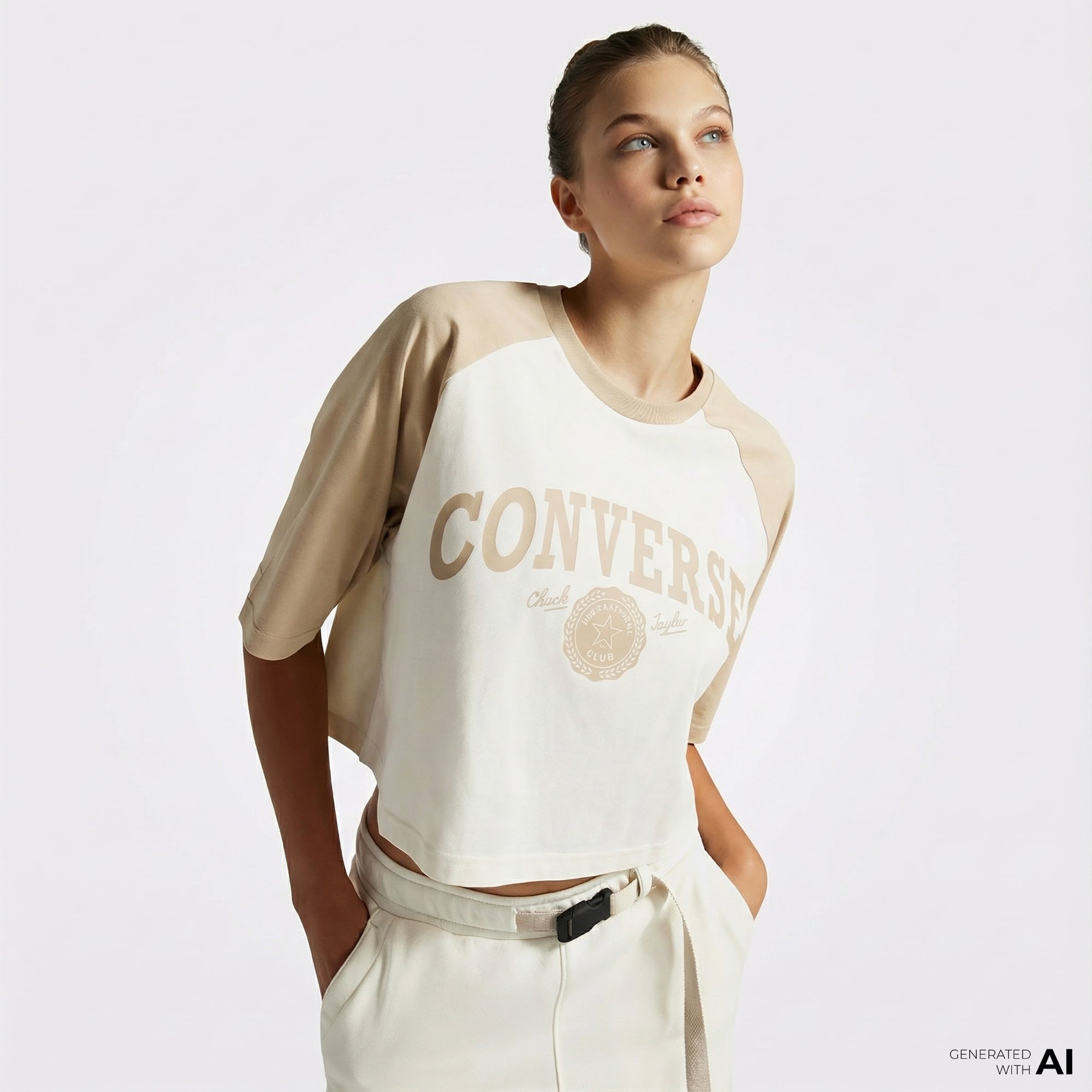  Converse Retro Cropped Kadın Krem T-Shirt