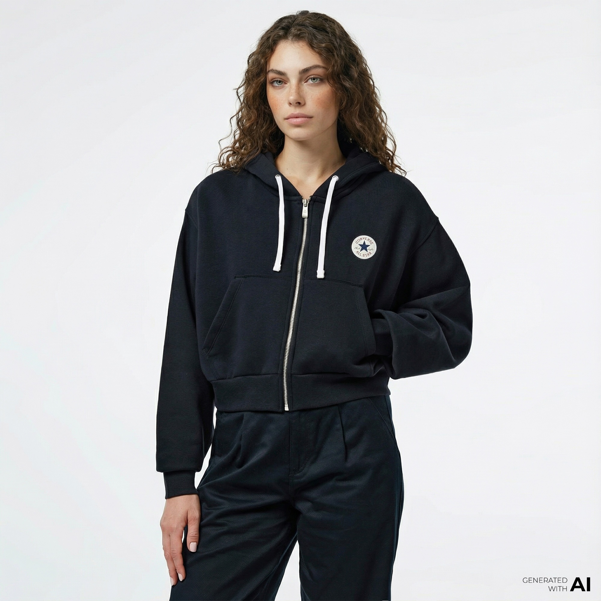 Converse Kadın Baskılı Siyah Fermuarlı Hoodie