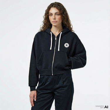  Converse Kadın Baskılı Siyah Fermuarlı Hoodie