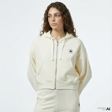  Converse Kadın Baskılı Krem Fermuarlı Hoodie