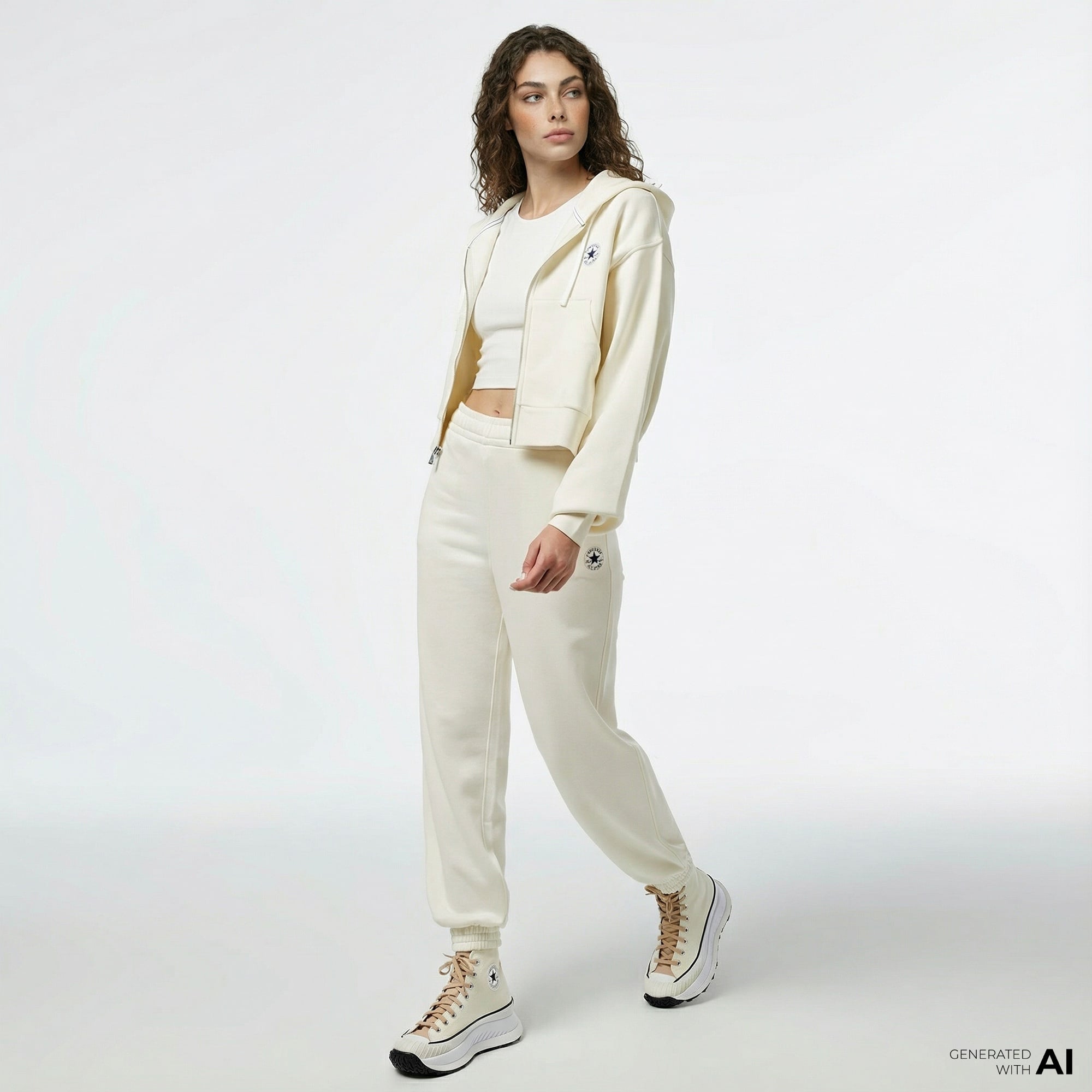 Converse Kadın Baskılı Krem Fermuarlı Hoodie