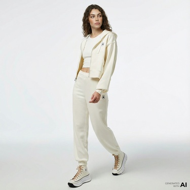  Converse Kadın Baskılı Krem Fermuarlı Hoodie