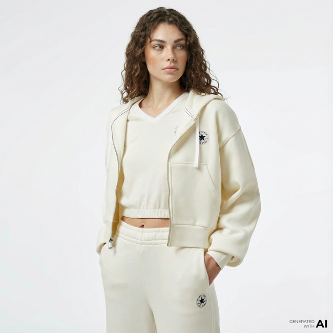  Converse Kadın Baskılı Krem Fermuarlı Hoodie