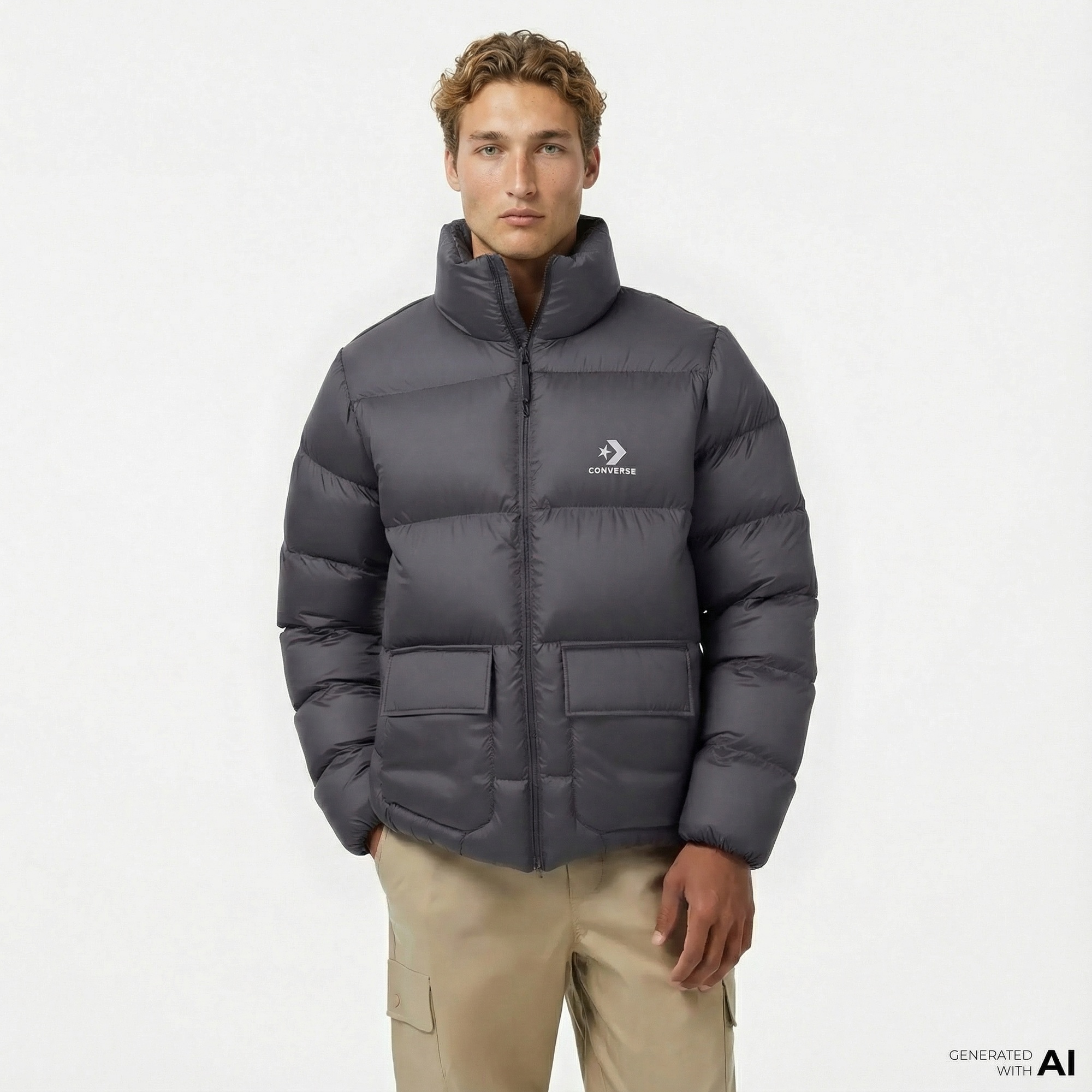 Converse Erkek Dik Yaka Gri Şişme Mont