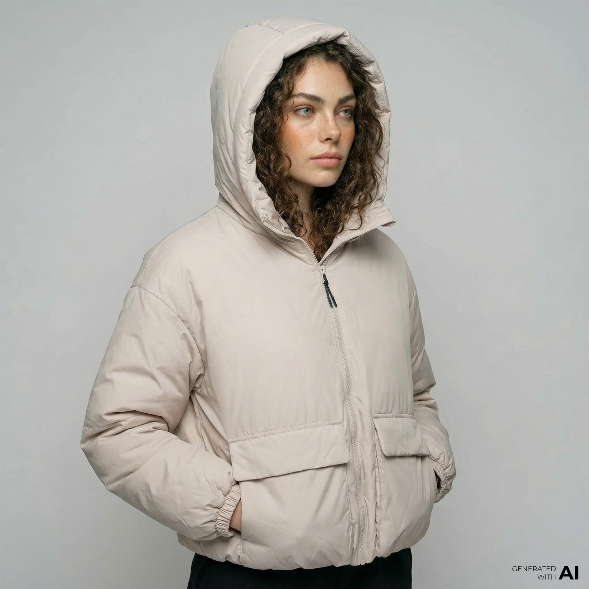 Converse Kadın Kapüşonlu Bej Şişme Mont