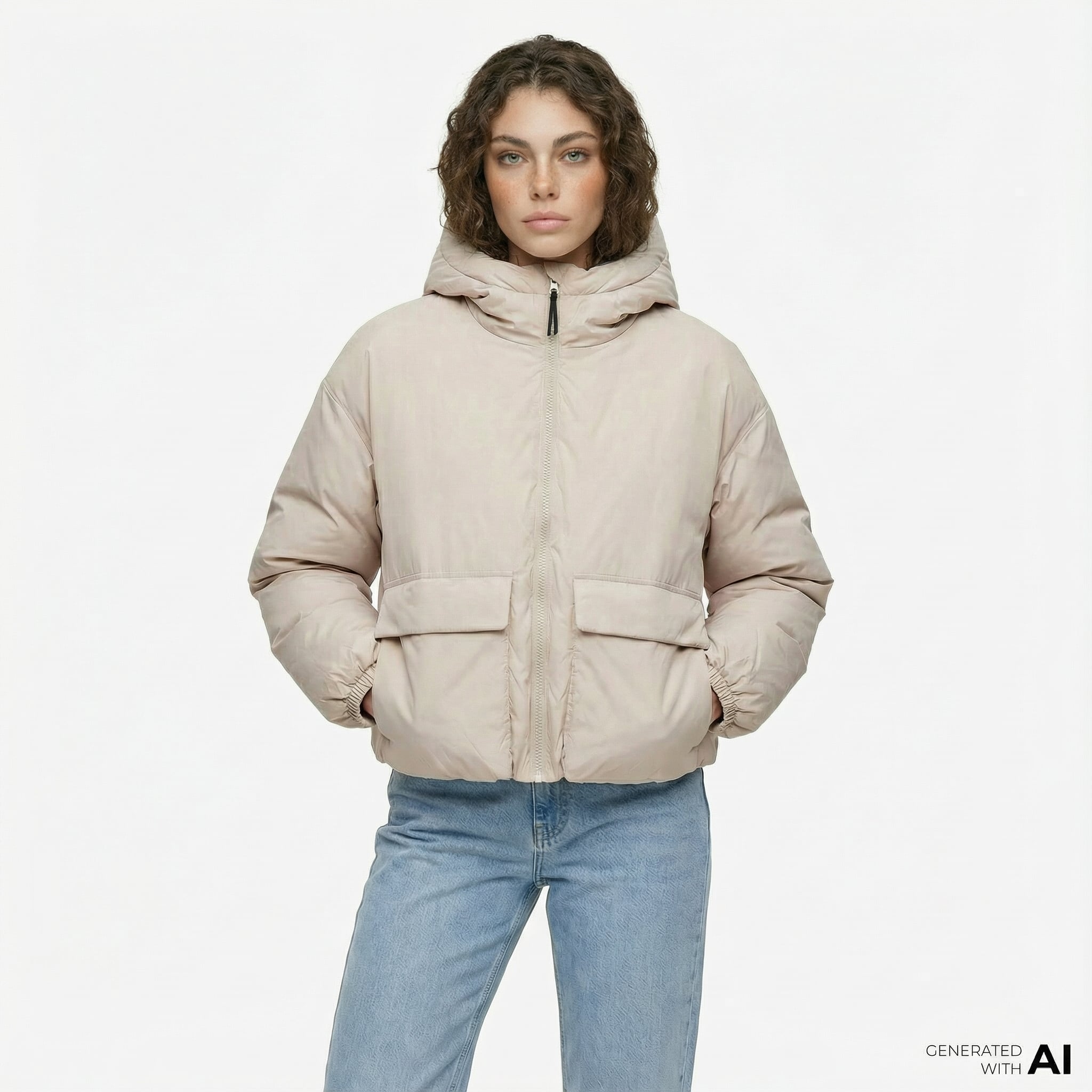  Converse Kadın Kapüşonlu Bej Şişme Mont