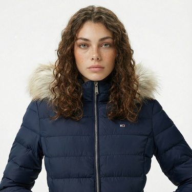 Tommy Hilfiger Basic Hooded Down Kadın Lacivert Puffer Mont