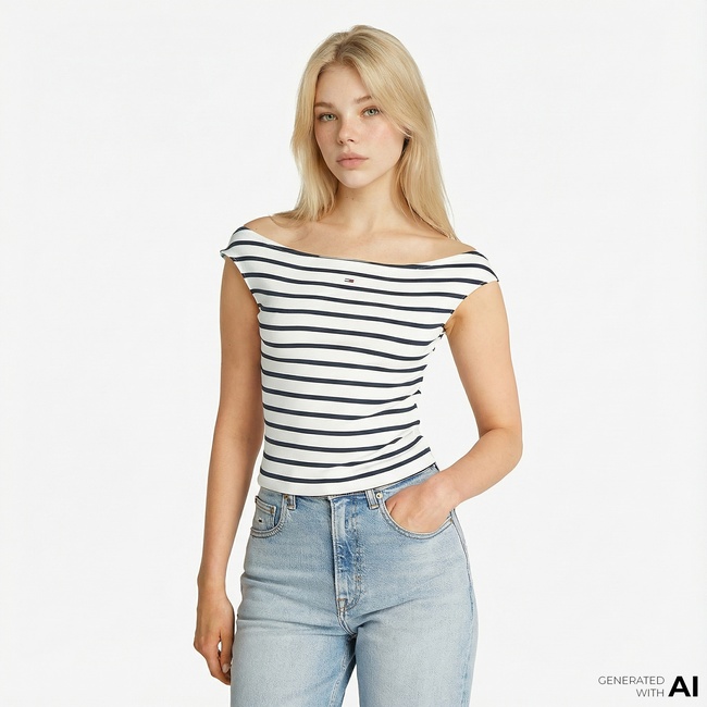  Tommy Jeans Boat Neck Kadın Beyaz T-Shirt