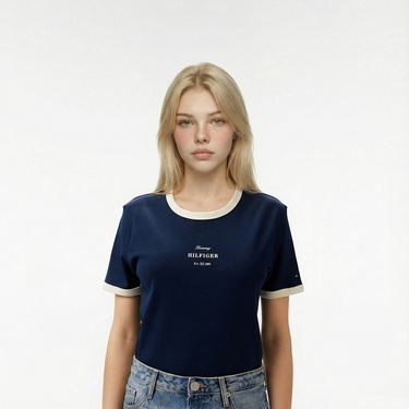  Tommy Hilfiger Reg Monotype Stripe Kadın Lacivert T-Shirt