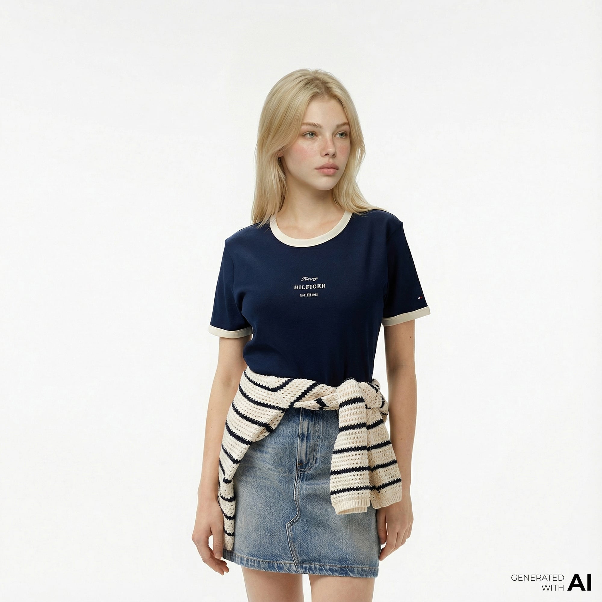 Tommy Hilfiger Reg Monotype Stripe Kadın Lacivert T-Shirt