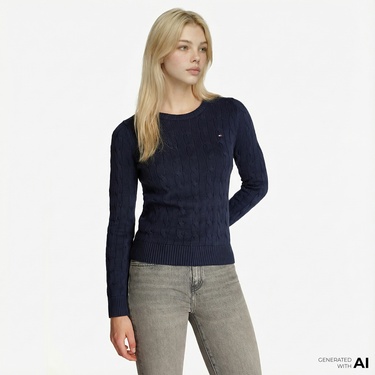  Tommy Hilfiger Co Cable Mid Gg Kadın Lacivert Kazak