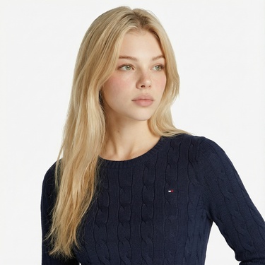  Tommy Hilfiger Co Cable Mid Gg Kadın Lacivert Kazak