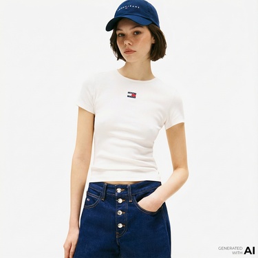  Tommy Hilfiger Badge Kadın Beyaz T-Shirt