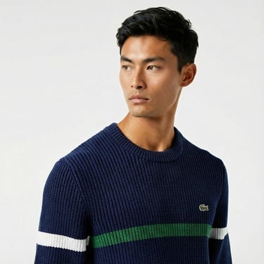  Lacoste Erkek Relaxed Fit Bisiklet Yaka Çizgili Lacivert Kazak