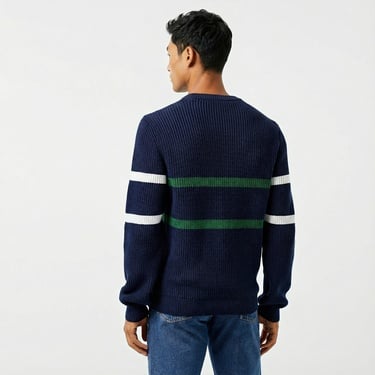  Lacoste Erkek Relaxed Fit Bisiklet Yaka Çizgili Lacivert Kazak
