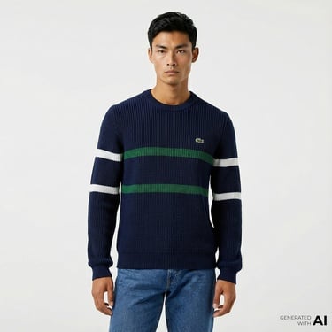  Lacoste Erkek Relaxed Fit Bisiklet Yaka Çizgili Lacivert Kazak