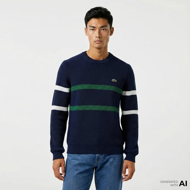  Lacoste Erkek Relaxed Fit Bisiklet Yaka Çizgili Lacivert Kazak