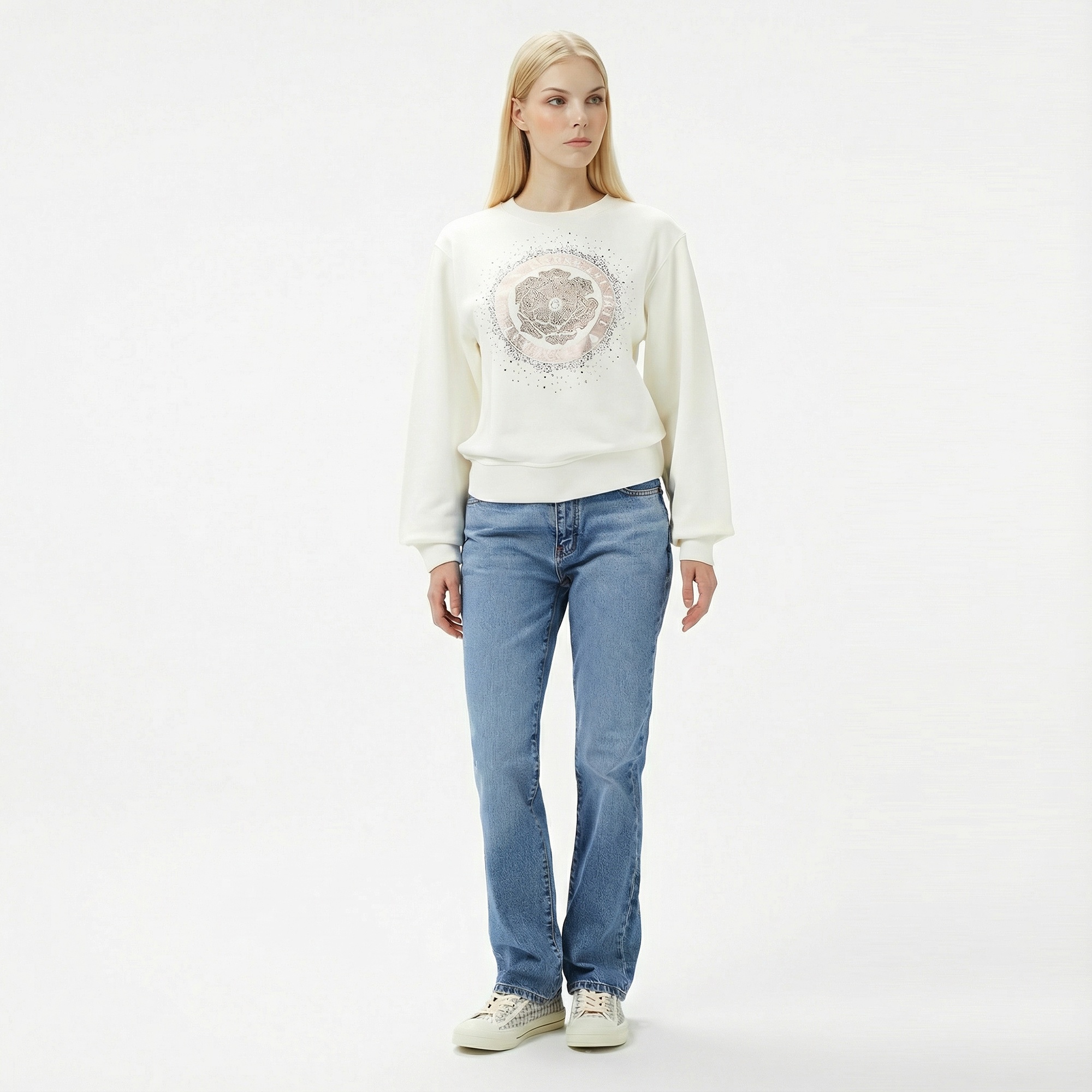 Guess Peony Logo Organic Kadın Beyaz Sweatshirt