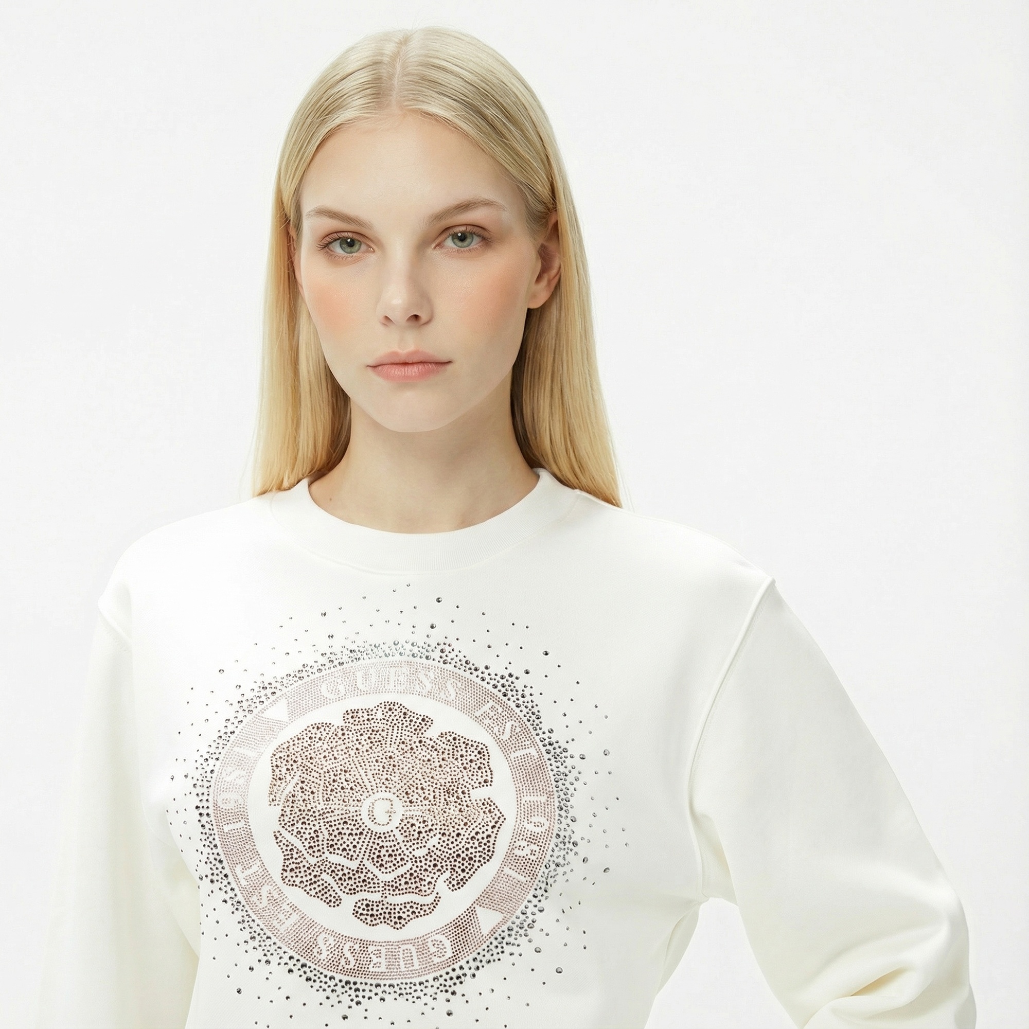 Guess Peony Logo Organic Kadın Beyaz Sweatshirt