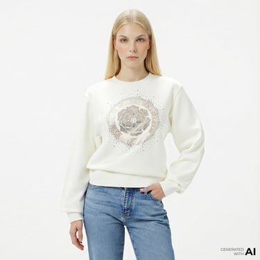  Guess Peony Logo Organic Kadın Beyaz Sweatshirt