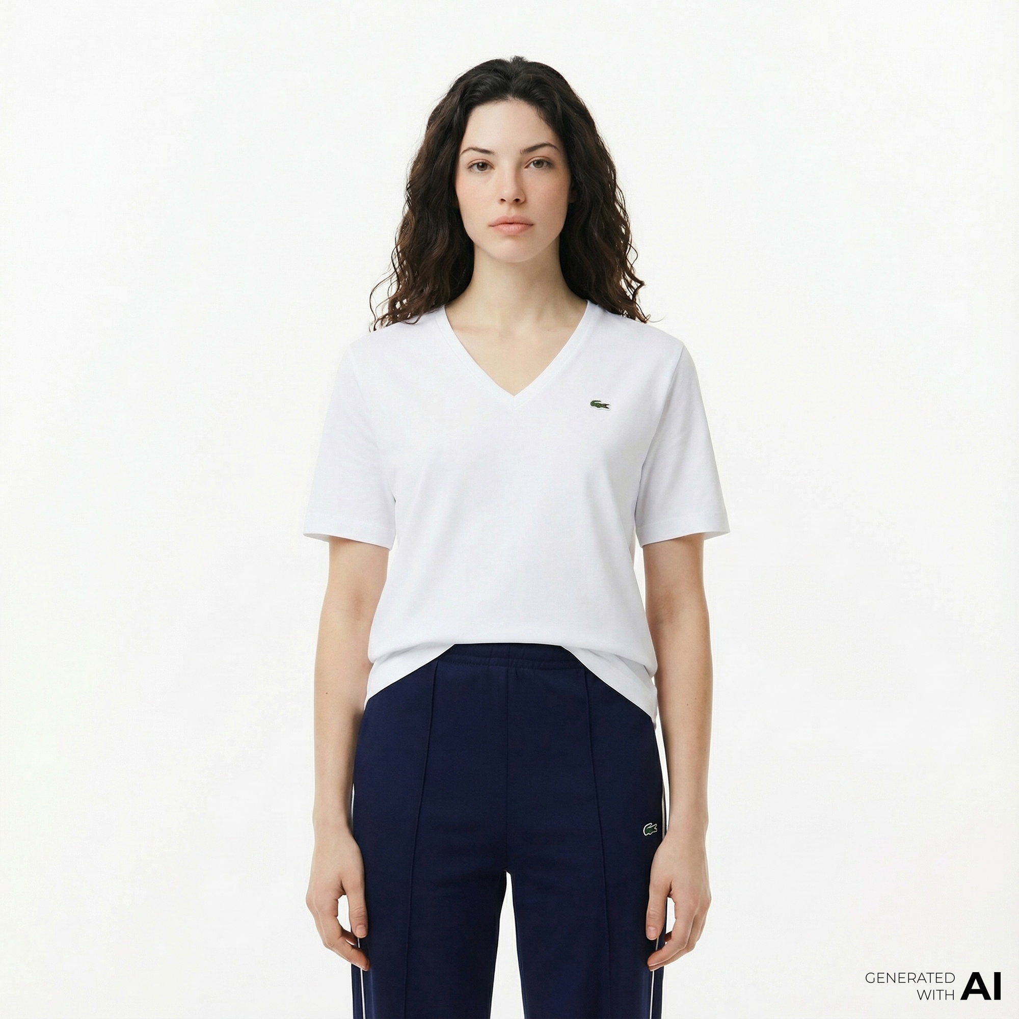 Lacoste Kadın Relaxed Fit V Yaka Beyaz T-Shirt