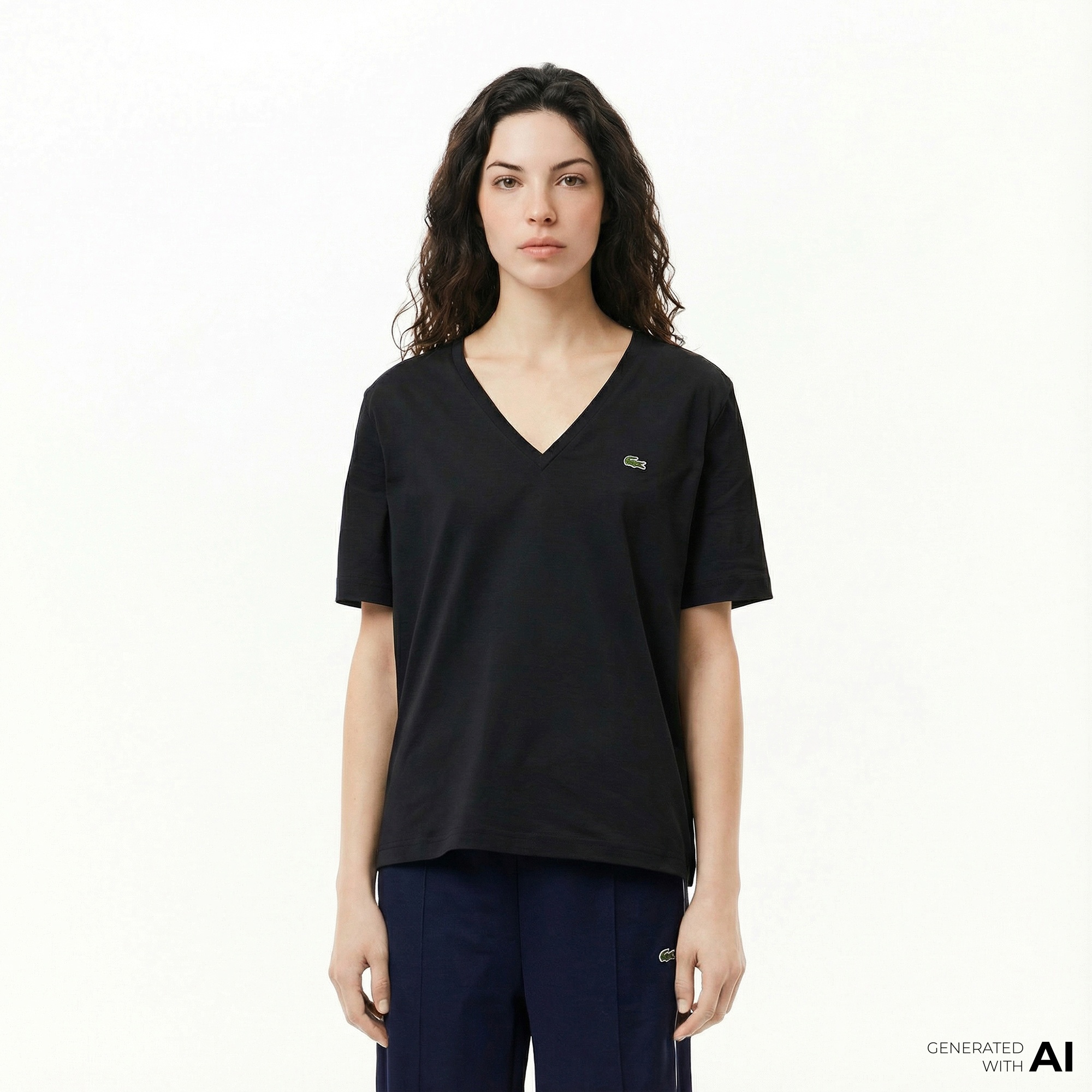 Lacoste Kadın Relaxed Fit V Yaka Siyah T-Shirt