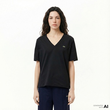  Lacoste Kadın Relaxed Fit V Yaka Siyah T-Shirt