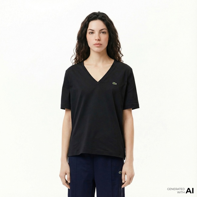  Lacoste Kadın Relaxed Fit V Yaka Siyah T-Shirt
