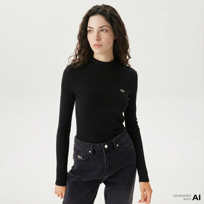  Lacoste Kadın Slim Fit Uzun Kollu Bisiklet Yaka Siyah T-Shirt