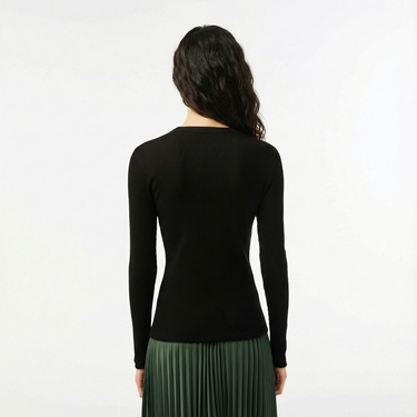  Lacoste Kadın Slim Fit Uzun Kollu Bisiklet Yaka Siyah T-Shirt