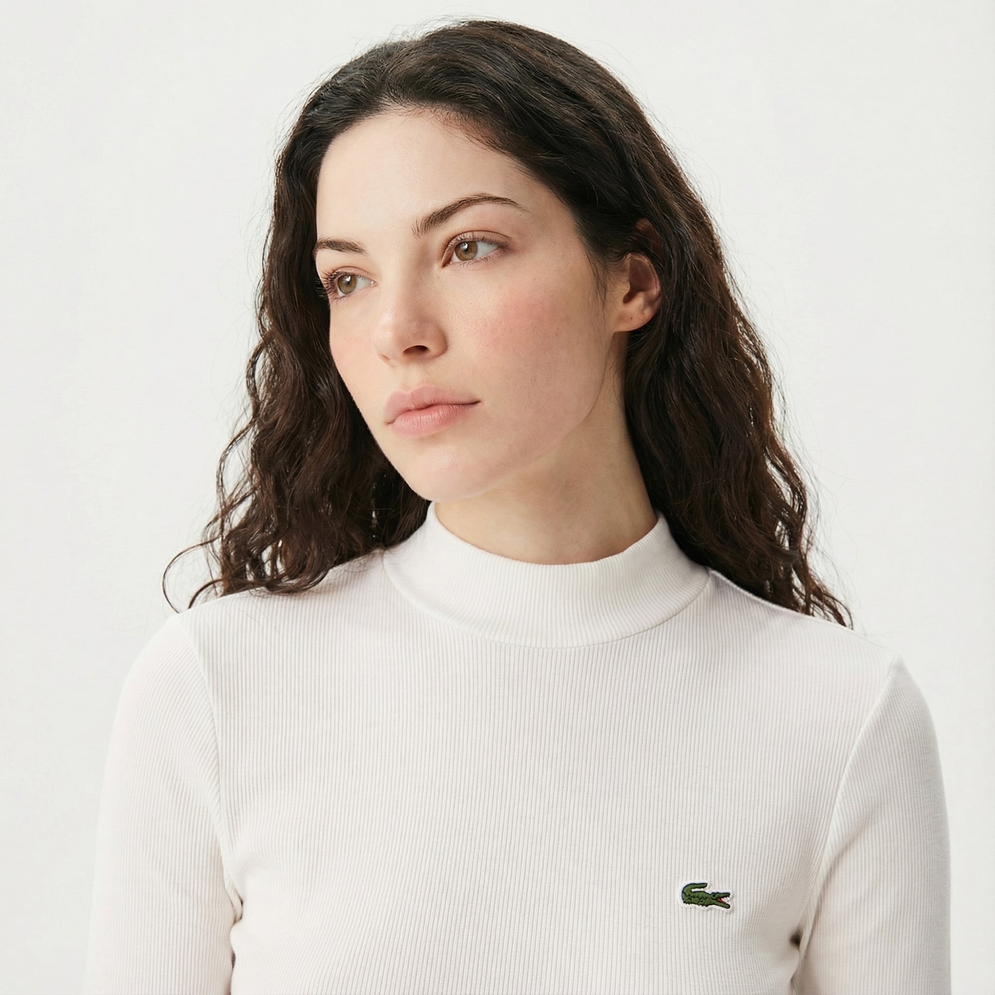 Lacoste Kadın Slim Fit Uzun Kollu Bisiklet Yaka Beyaz T-Shirt