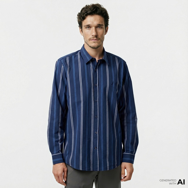  Nautica Erkek Lacivert Classic Fit Çizgili Gömlek