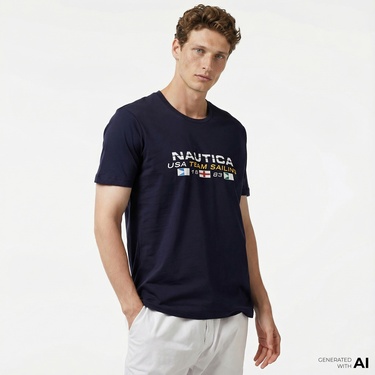  Nautica Erkek Lacivert Standart Fit Kısa Kollu Baskılı T-Shirt