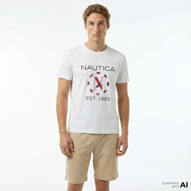  Nautica Erkek Beyaz Standart Fit Kısa Kollu Baskılı T-Shirt