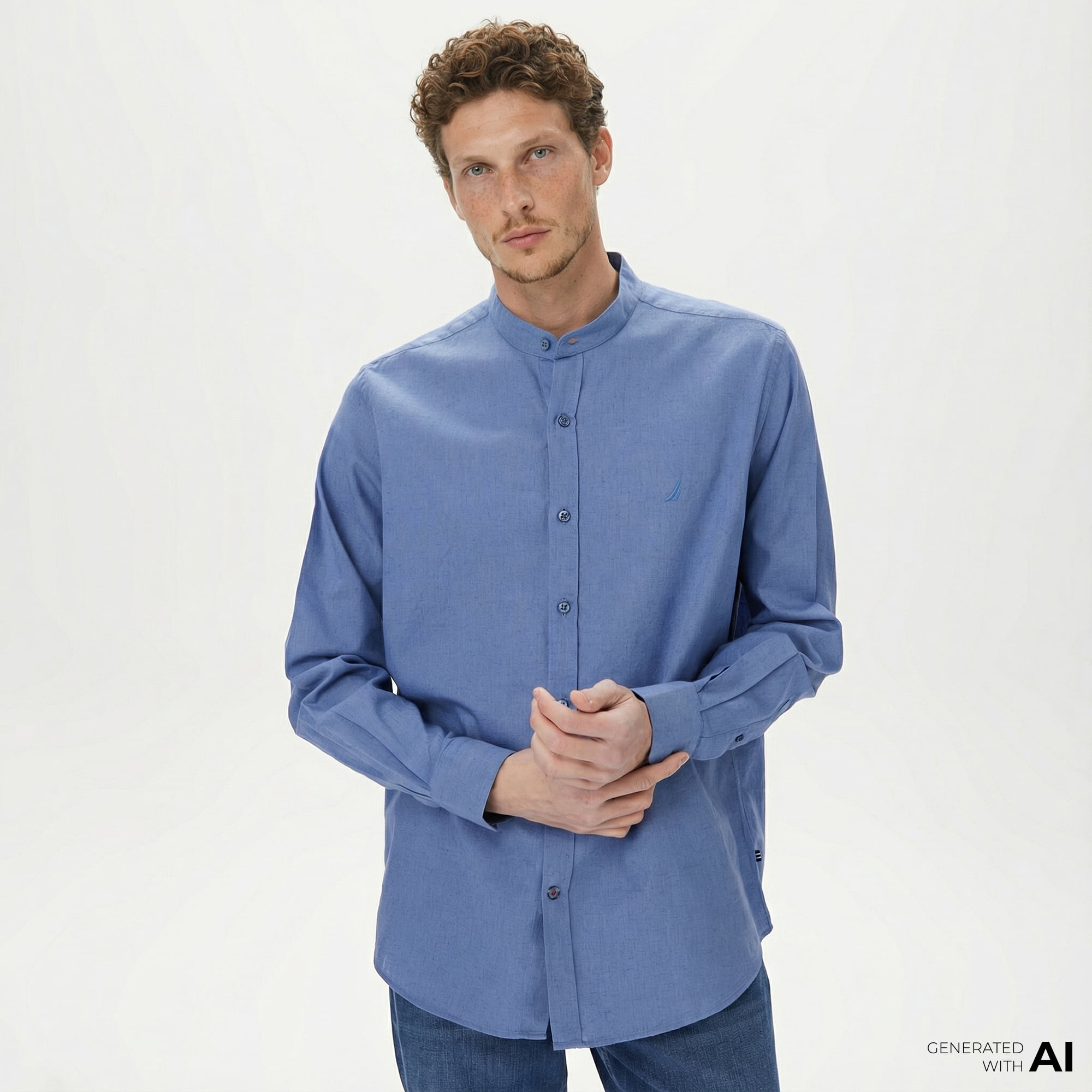  Nautica Erkek Mavi Classic Fit Keten Gömlek