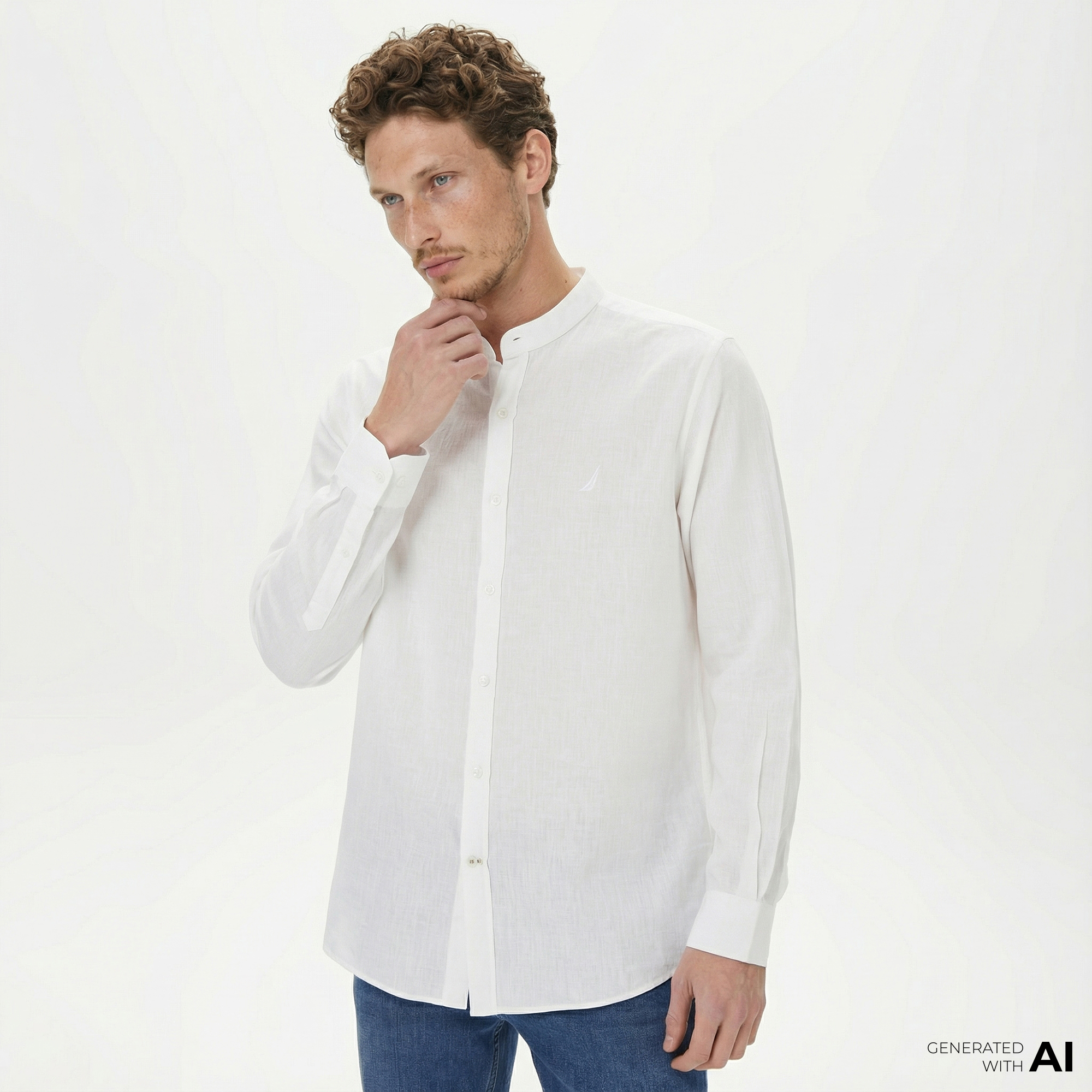  Nautica Erkek Beyaz Classic Fit Keten Gömlek