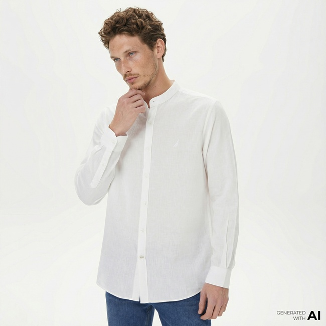  Nautica Erkek Beyaz Classic Fit Keten Gömlek