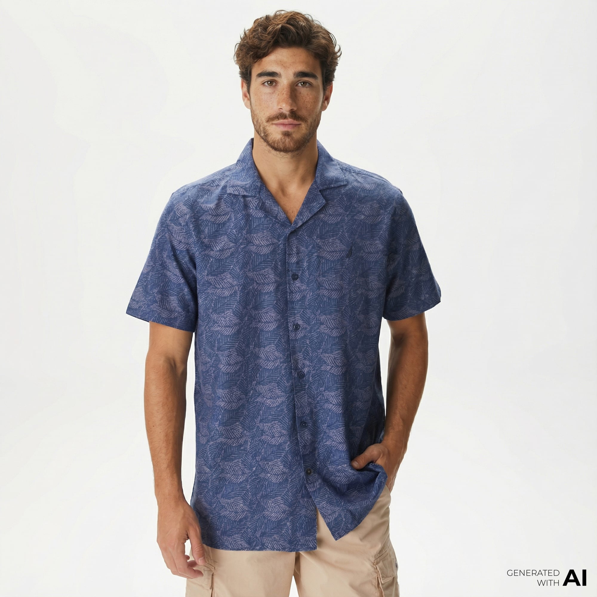  Nautica Erkek Lacivert Classic Fit Kısa Kollu Desenli Keten Gömlek