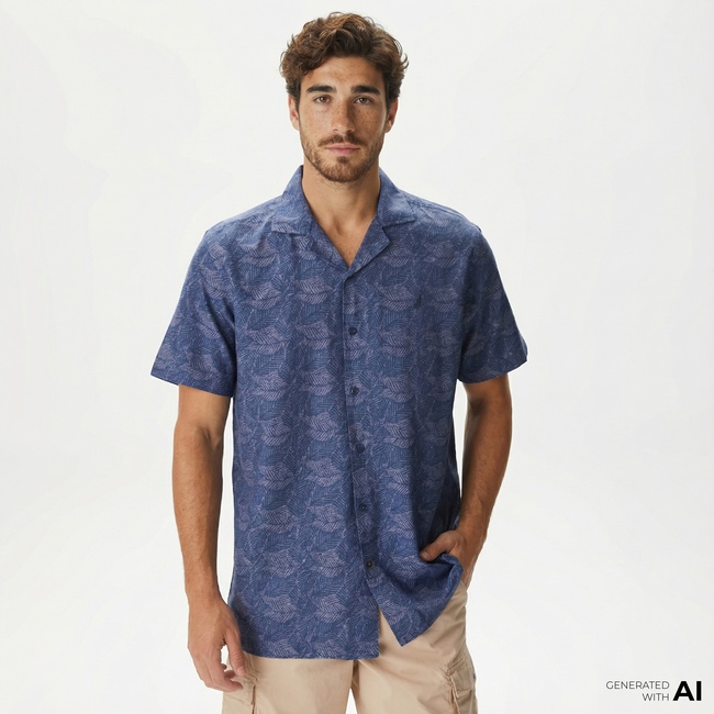 Nautica Erkek Lacivert Classic Fit Kısa Kollu Desenli Keten Gömlek