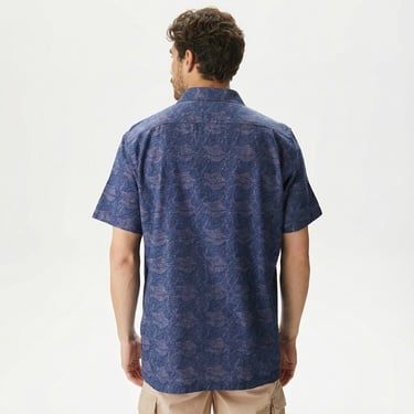  Nautica Erkek Lacivert Classic Fit Kısa Kollu Desenli Keten Gömlek