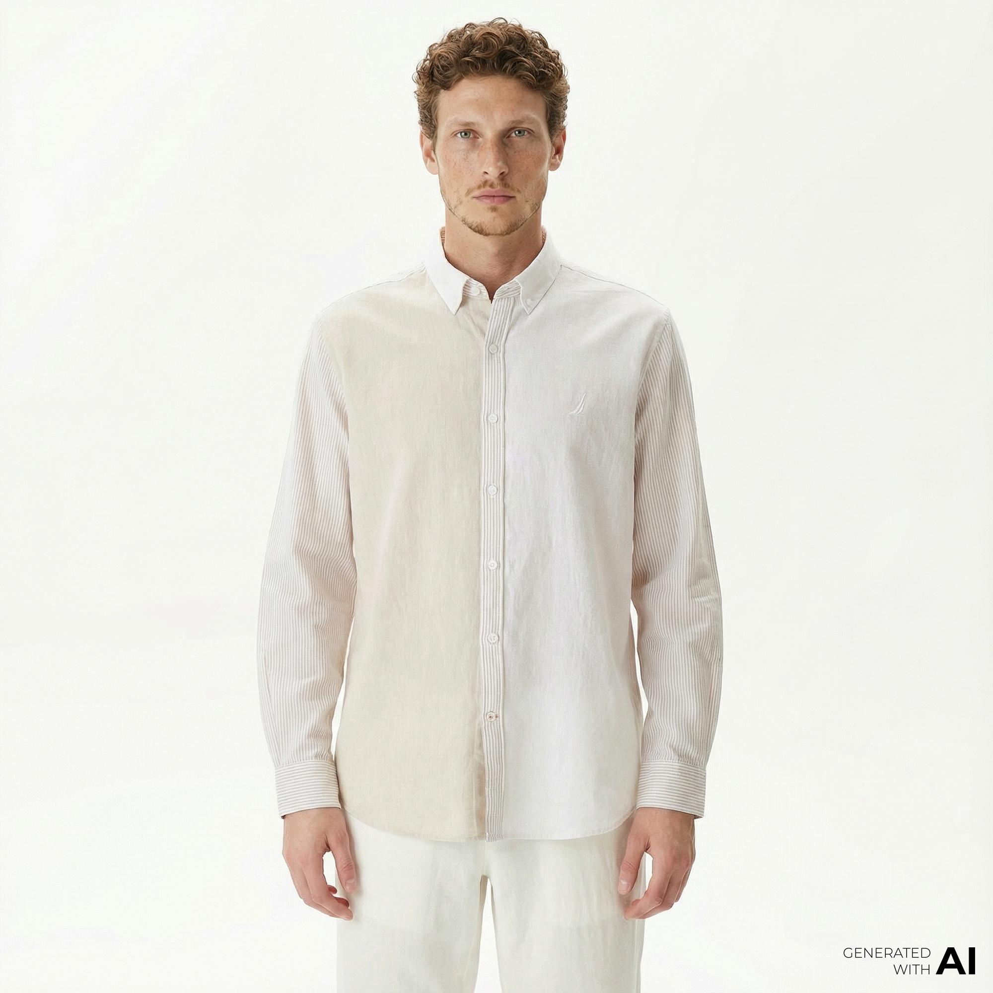  Nautica Erkek Kırık Beyaz Classic Fit Uzun Kollu Renk Bloklu Gömlek