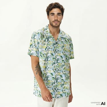  Nautica Erkek Mavi Classic Fit Kısa Kollu Desenli Gömlek