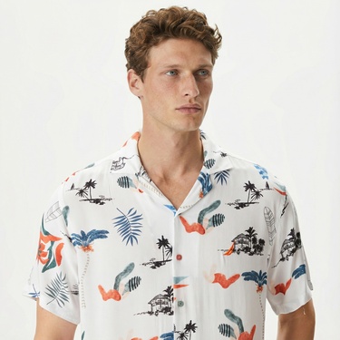  Nautica Erkek Beyaz Classic Fit Kısa Kollu Desenli Gömlek